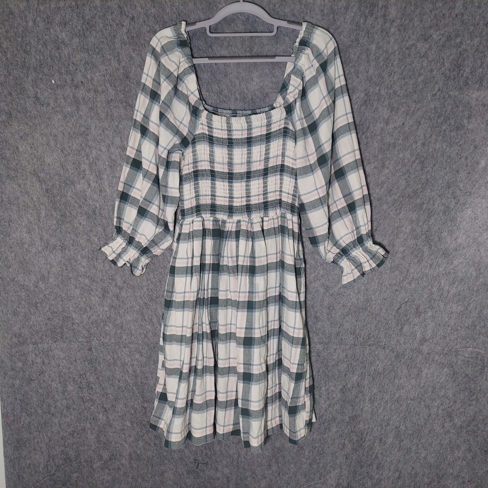 Madewell Flannel Dress L Green Pink Cotton Plaid Smocked Cottagecore Puff Sleeve